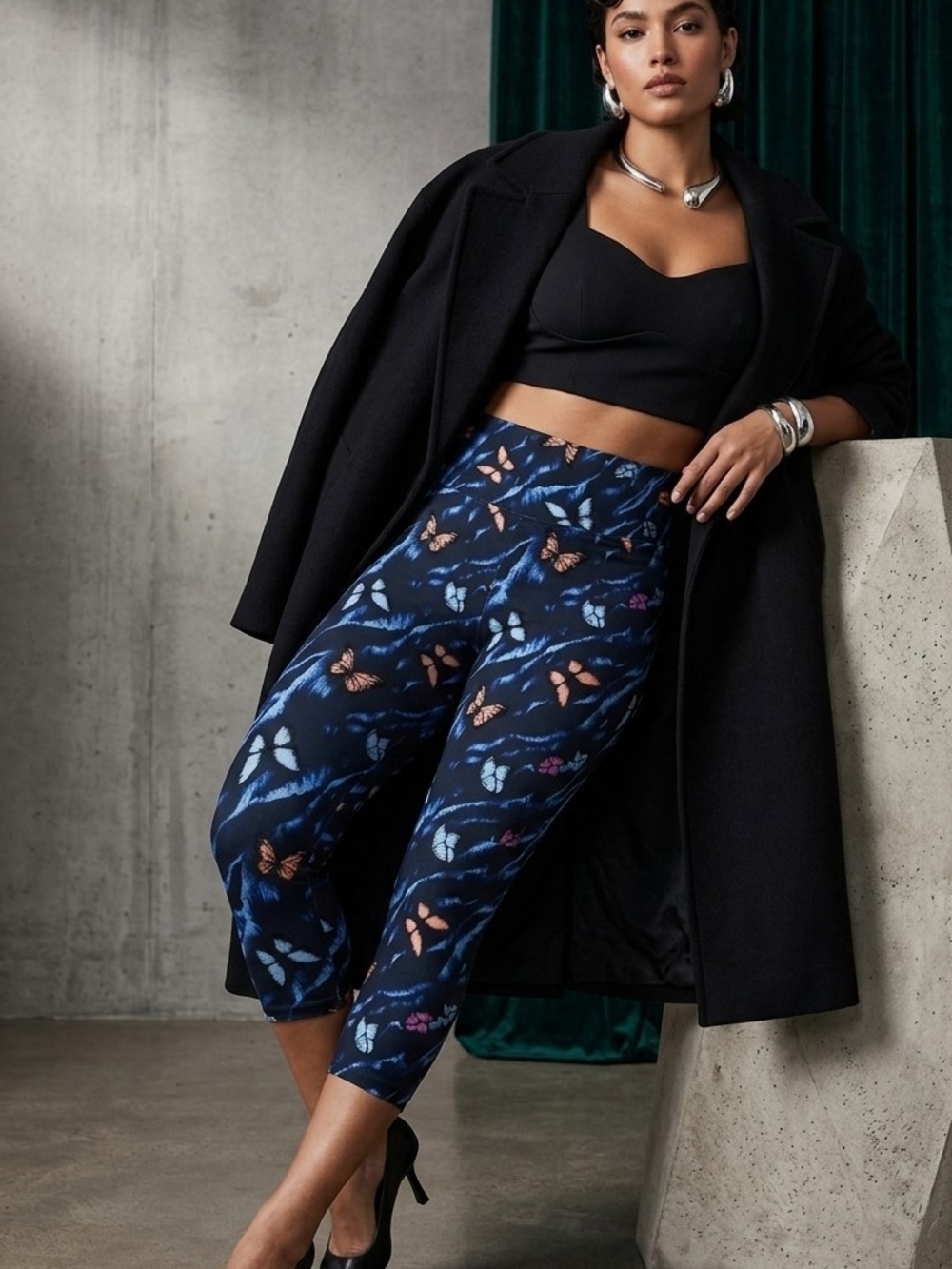 No Boundaries Navy Capri Leggings with Multicolor Butterfly Motif